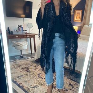 Boston Proper Black Fringe Kimono Shrug